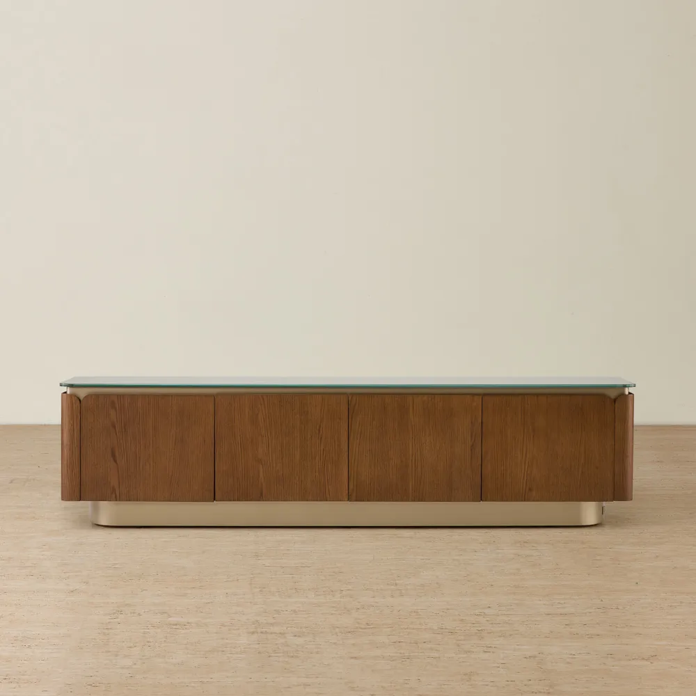 Felina Brown Oak Veneer Entertainment Unit with Champagne Gold Glass Top