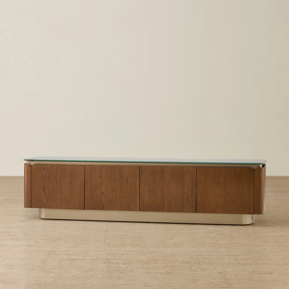 Felina Brown Oak Veneer Entertainment Unit with Champagne Gold Glass Top