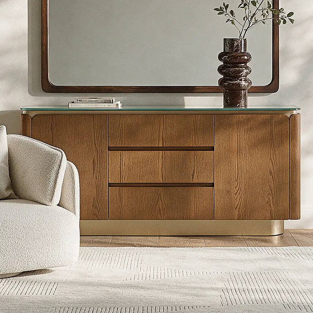 Felina Brown Oak Veneer Sideboard with Champagne Gold Glass Top