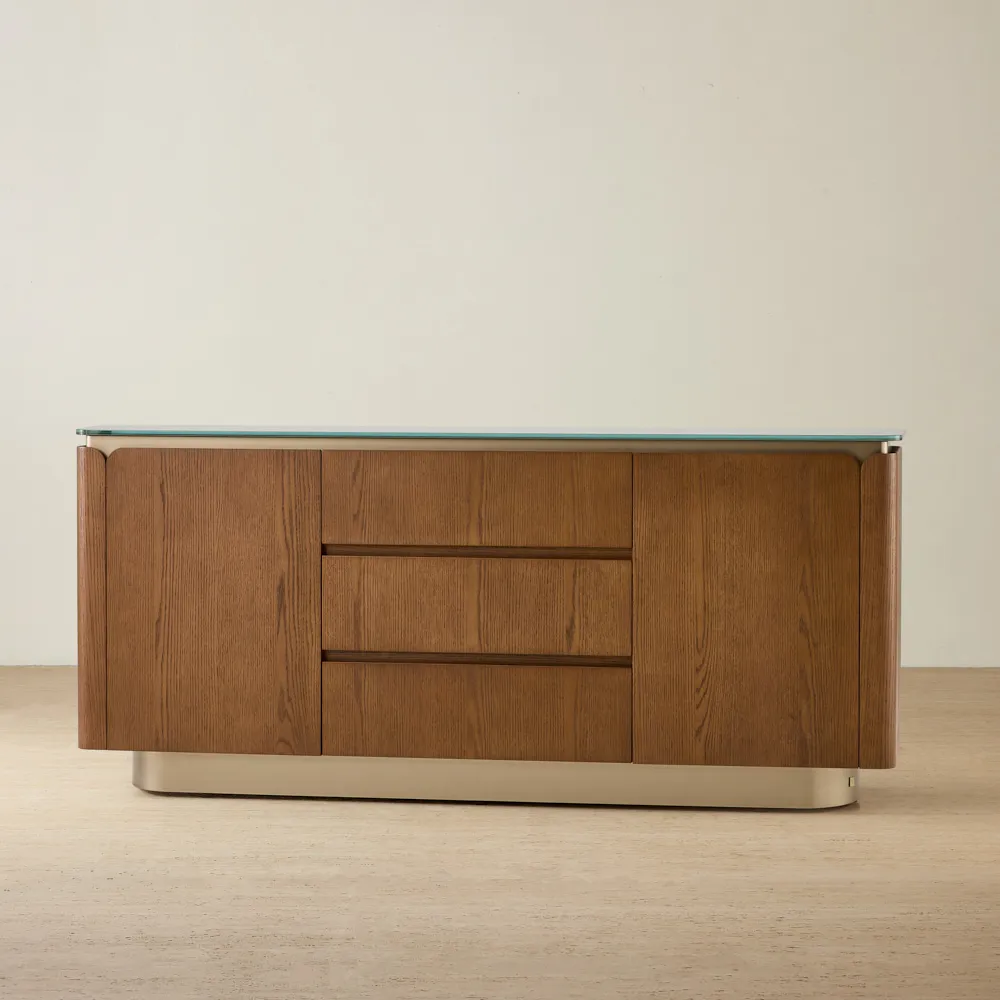 Felina Brown Oak Veneer Sideboard with Champagne Gold Glass Top