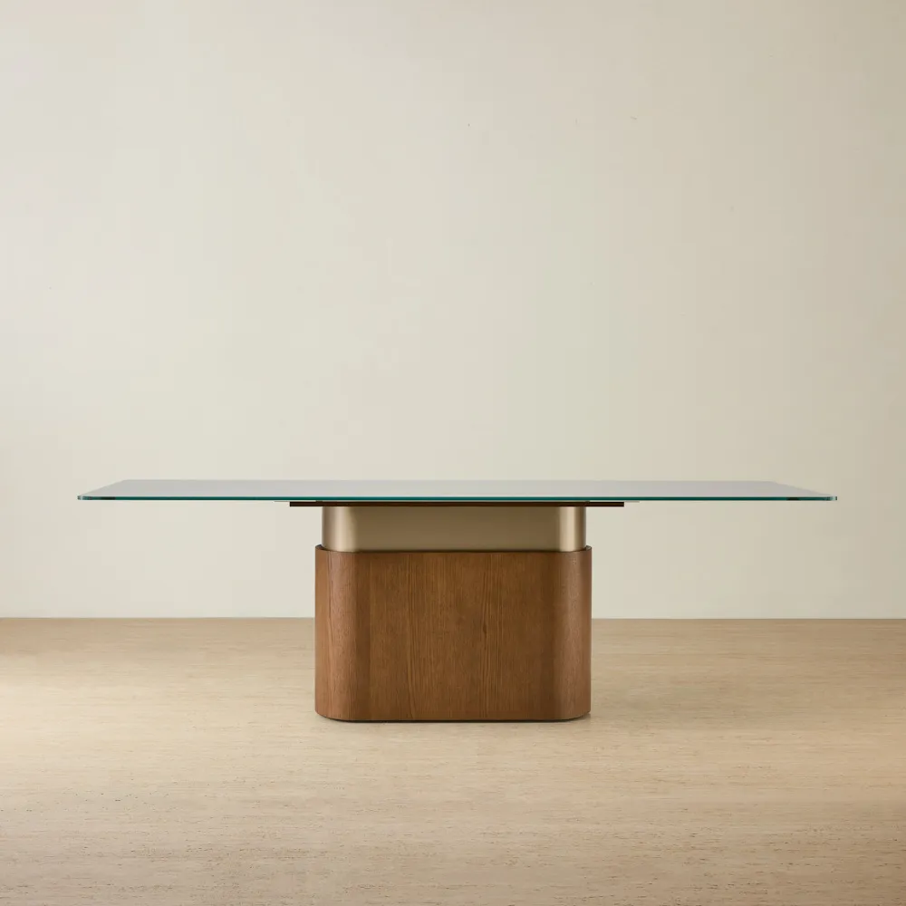 Felina Brown Oak Veneer Dining Table with Champagne Gold Glass Top - 240x120cm