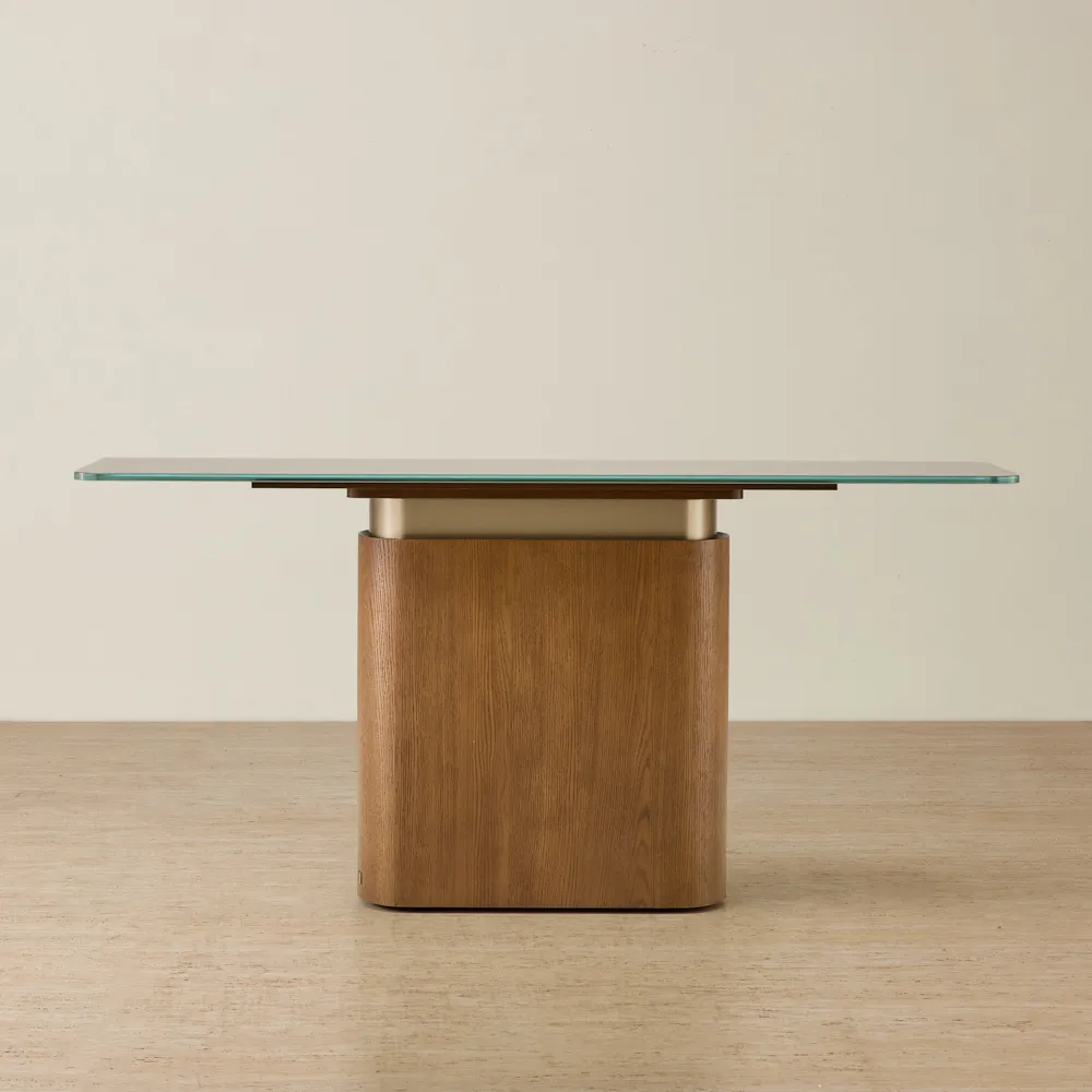 Felina Brown Oak Veneer Console Table with Champagne Gold Glass Top