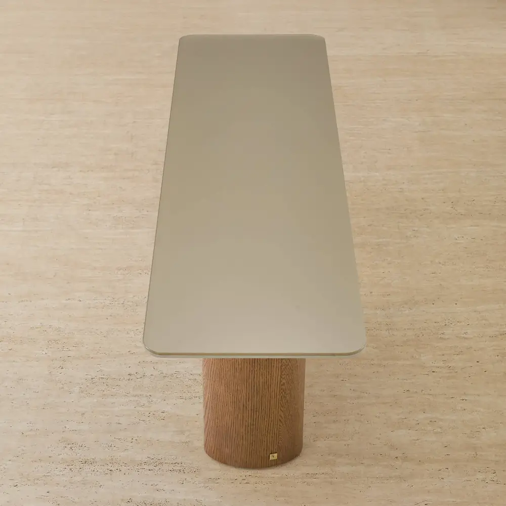Felina Brown Oak Veneer Console Table with Champagne Gold Glass Top