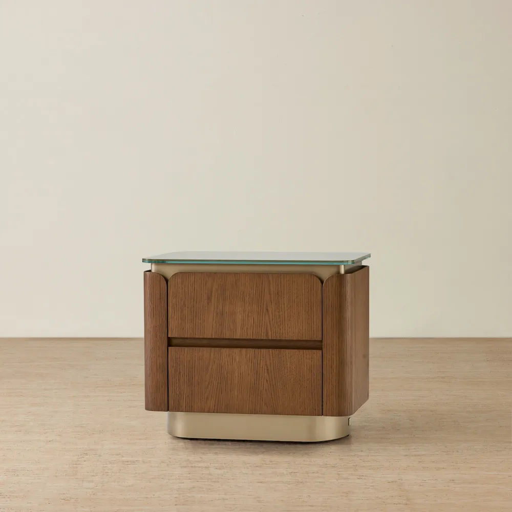 Felina Brown Oak Veneer Bedside Table with Champagne Gold Glass Top
