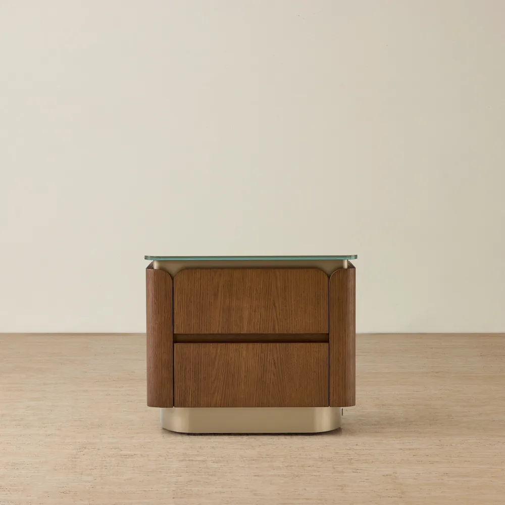 Felina Brown Oak Veneer Bedside Table with Champagne Gold Glass Top