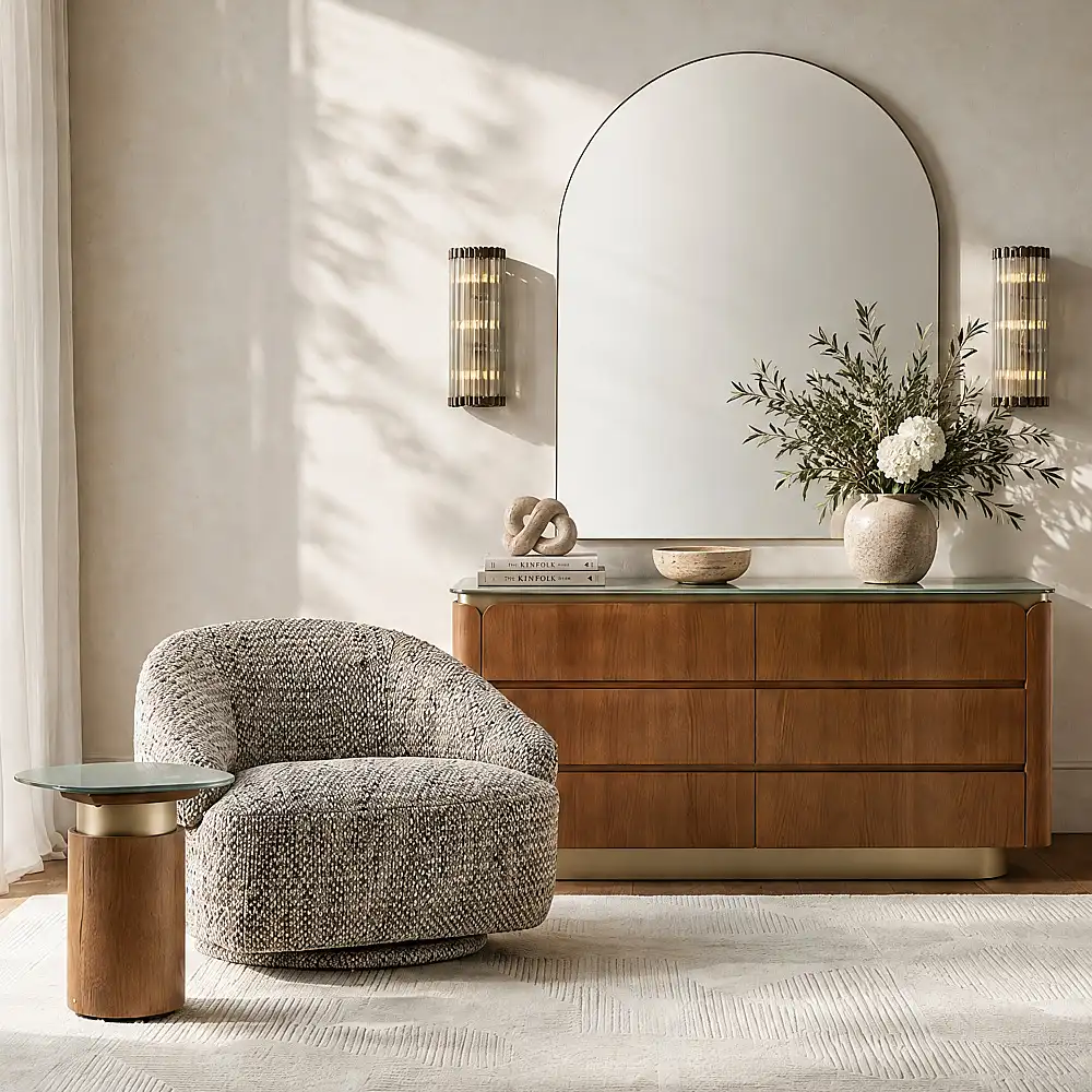 Felina Brown Oak Veneer Dresser with Champagne Gold Glass Top