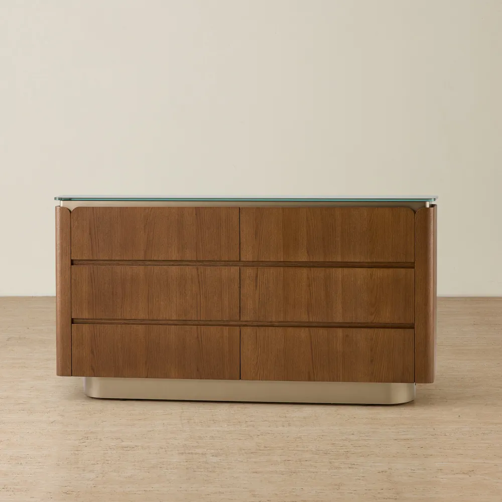 Felina Brown Oak Veneer Dresser with Champagne Gold Glass Top