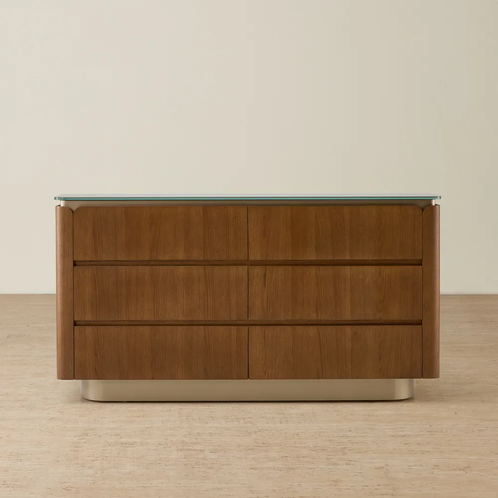 Felina Brown Oak Veneer Dresser with Champagne Gold Glass Top