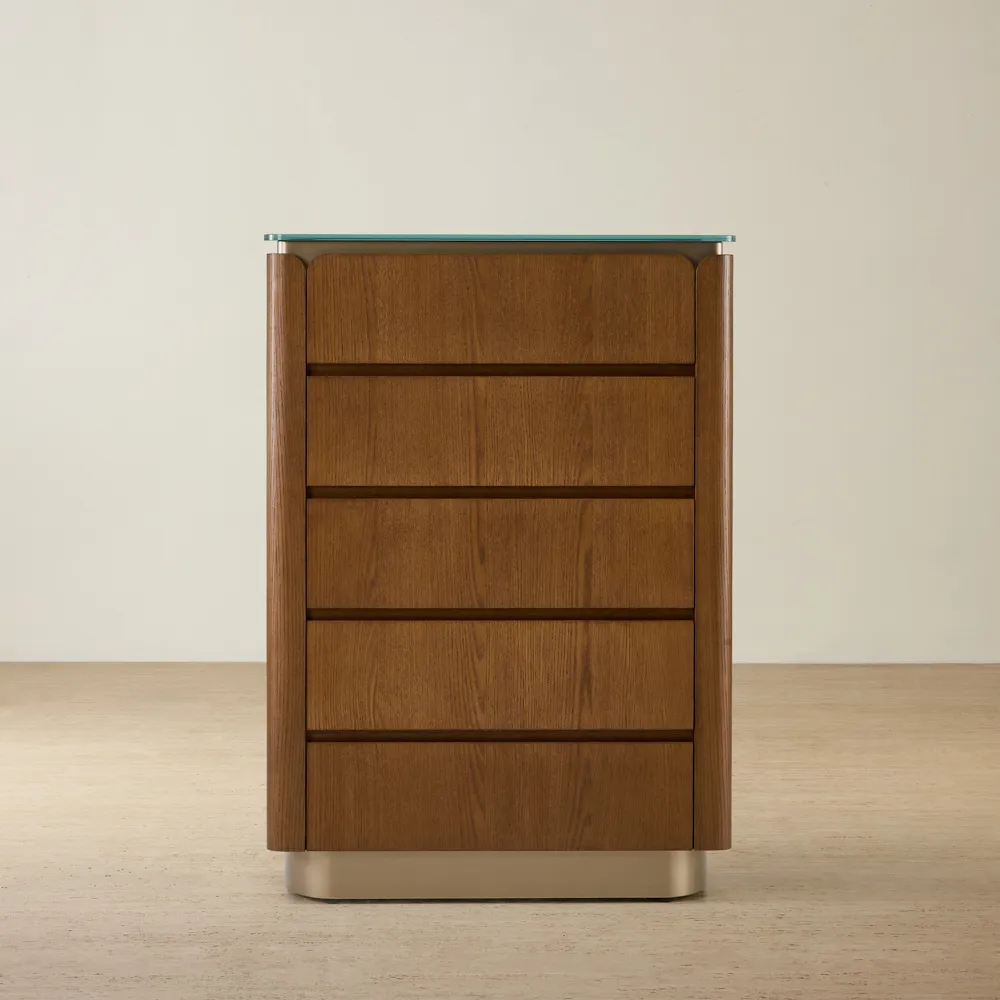 Felina Brown Oak Veneer Tallboy with Champagne Gold Glass Top