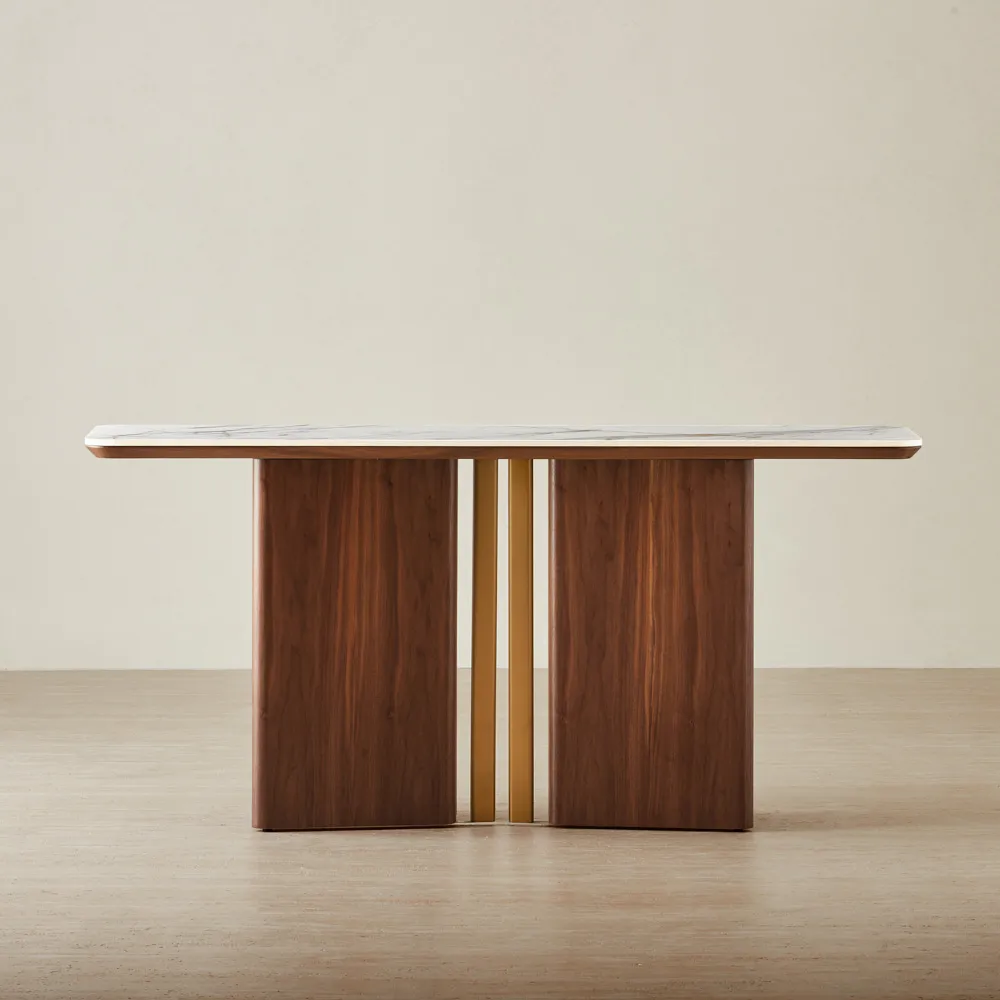 Sir Lionell II Gliding White Sintered Stone Console Table - Walnut Brown Wooden Legs