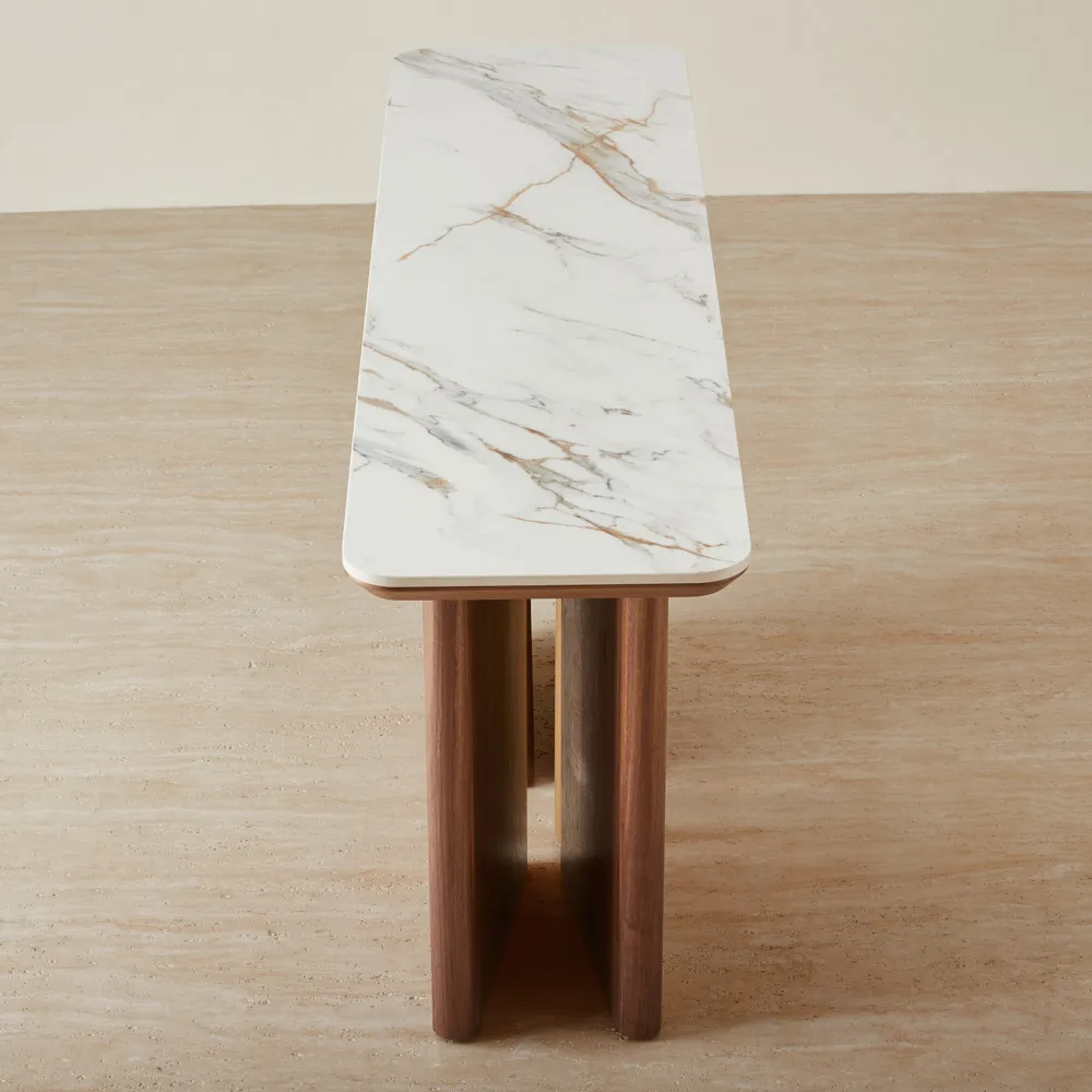 Sir Lionell II Gliding White Sintered Stone Console Table - Walnut Brown Wooden Legs