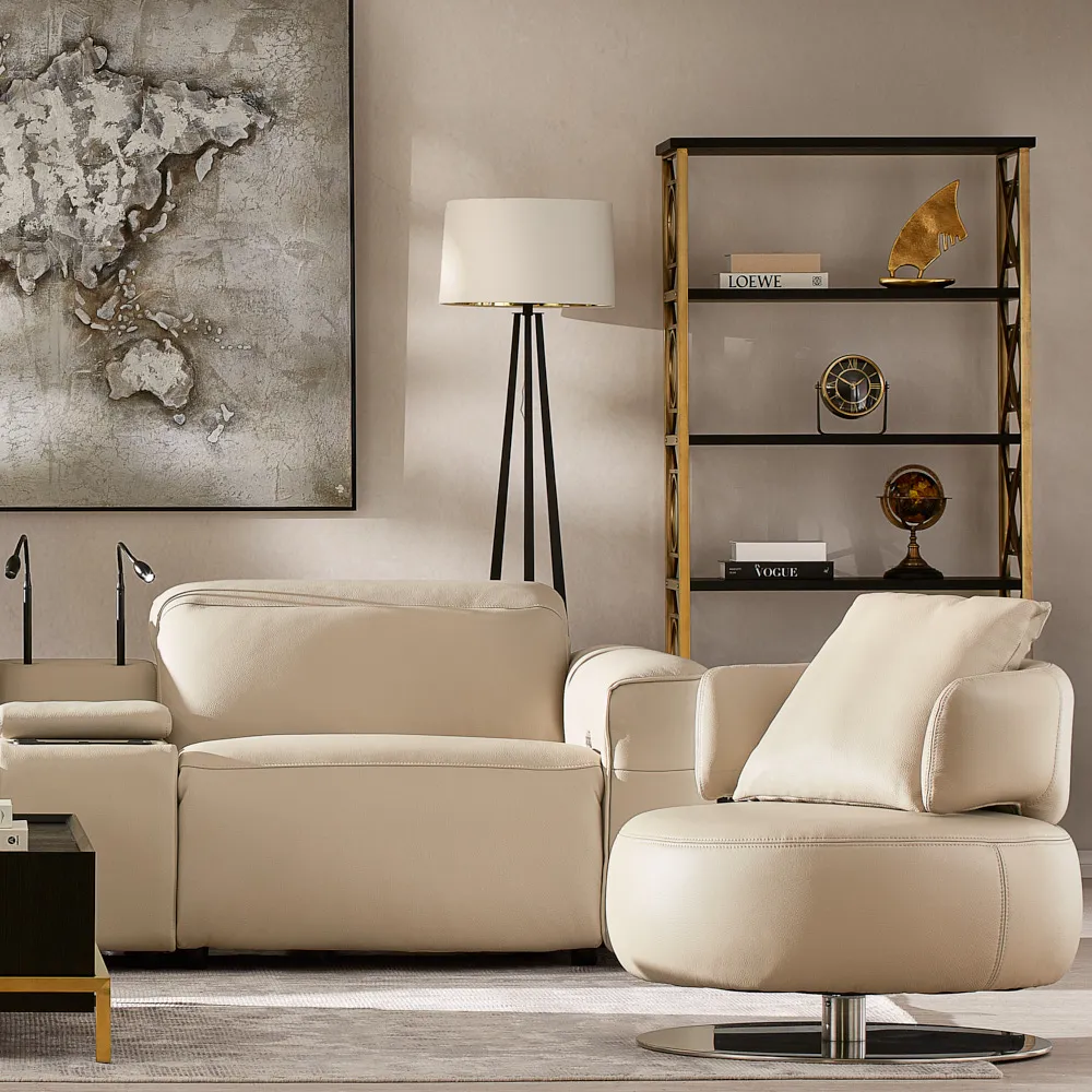 Amelie Almond Cream Leather 3 Pieces Modular Dual Electric Recliner With Rectangle Console