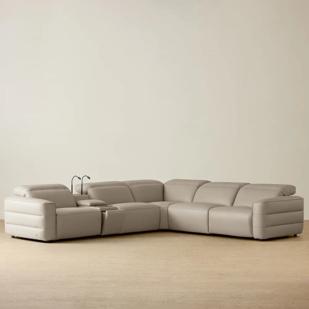 Amelie  Milk Coffee Leather Modular Dual Electric Recliner With Single Rectangle Console