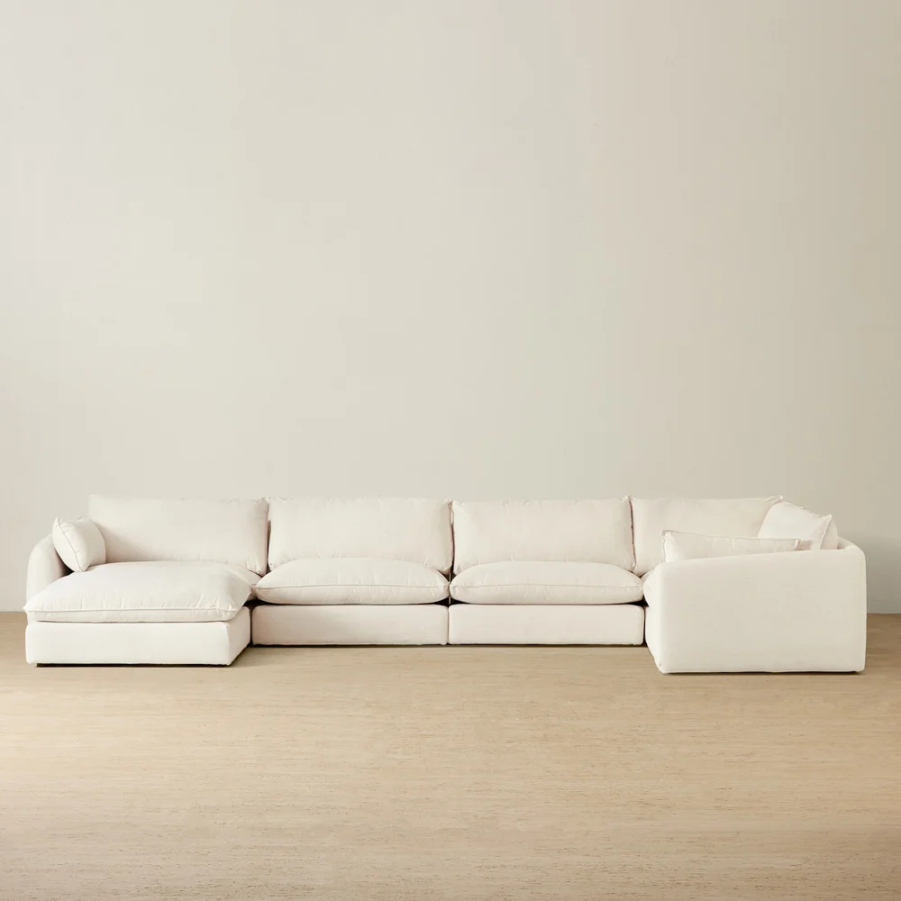 Macie Chiffon White Fabric Modular Corner Sofa with Ottoman