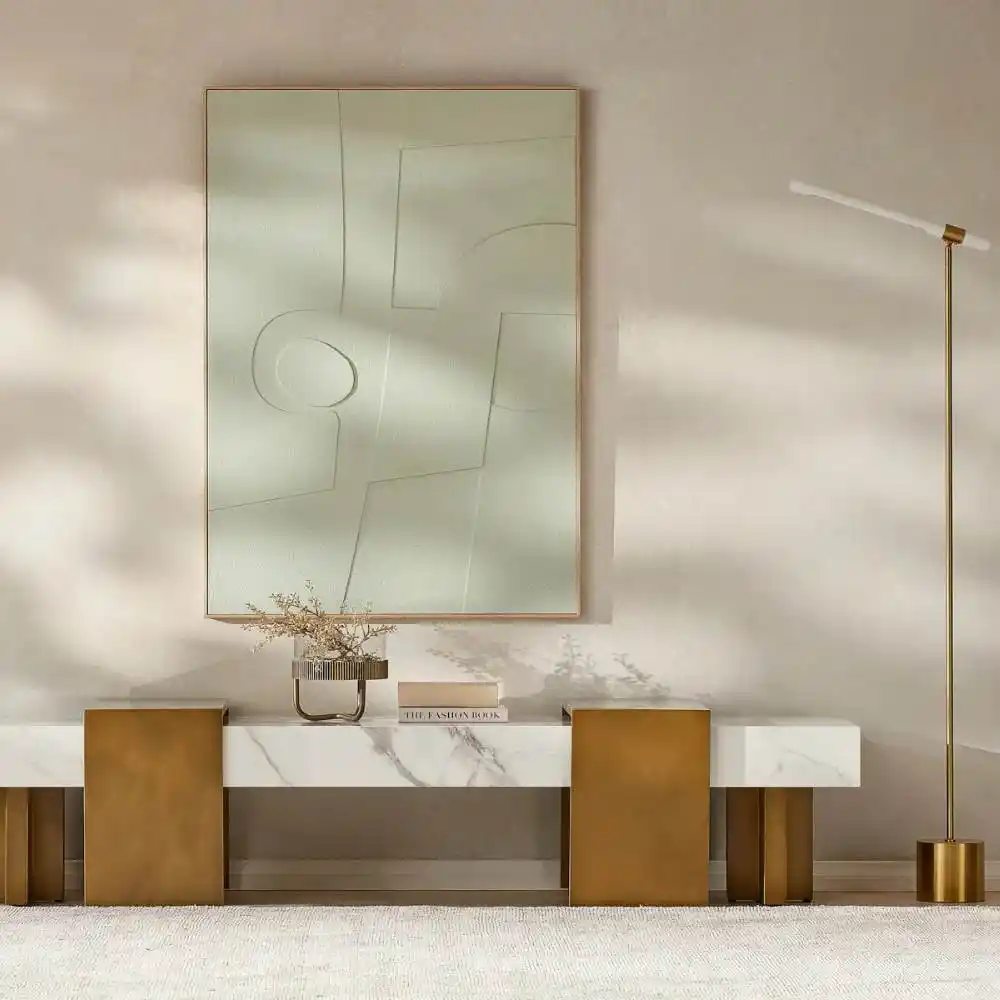Grayson Statuario White Sintered Stone Entertainment Unit - Brushed Bronze Legs