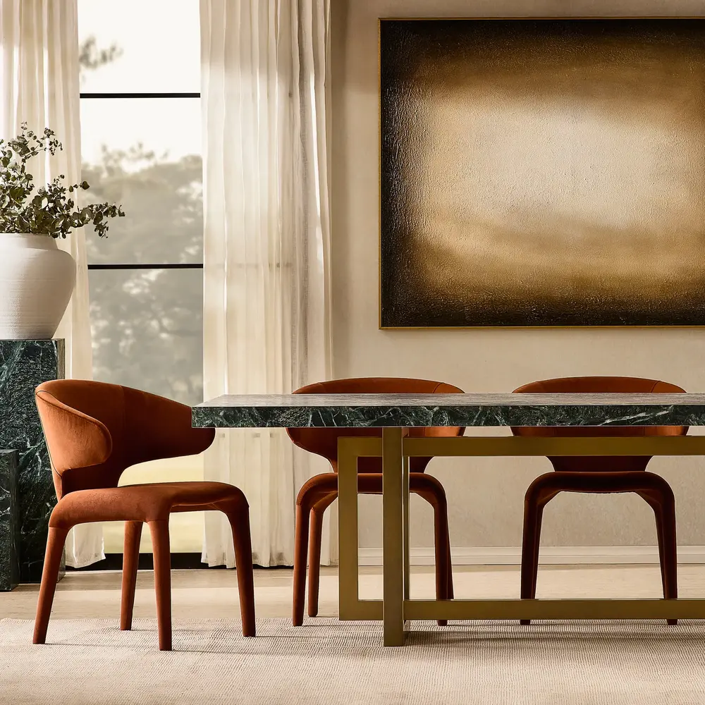 Grayson Brushed Bronze Rectangular Dining Table with Glossy Emerald Green Sintered Stone Top - 240x105cm