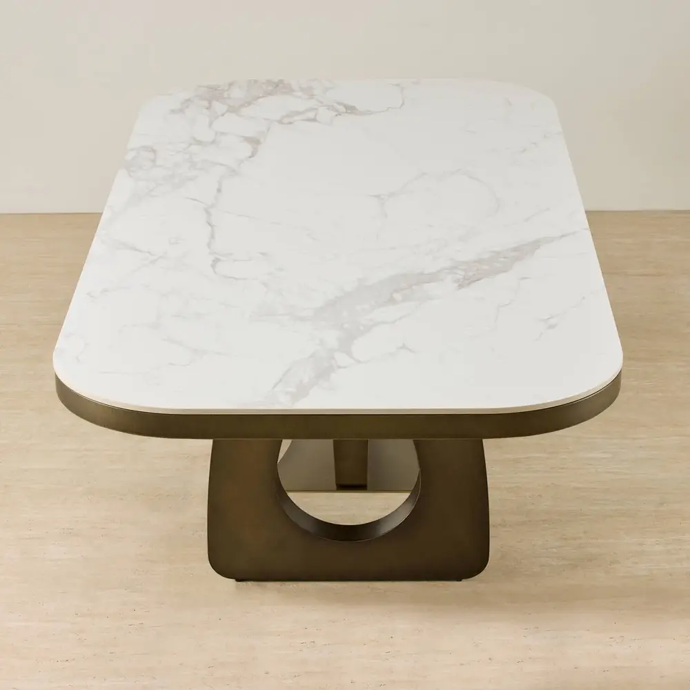 Aspen Statuario White Sintered Stone Curved Dining Table - Brushed Bronze Legs 270x118cm