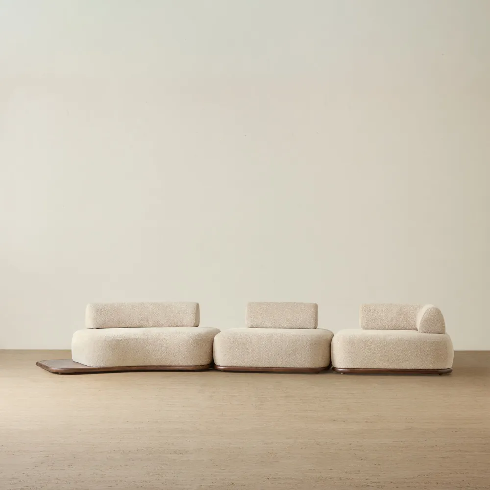 Bellagio Mid Beige Woven Fabric 3 Pieces Modular Sofa With Left Terminal and Side Platform
