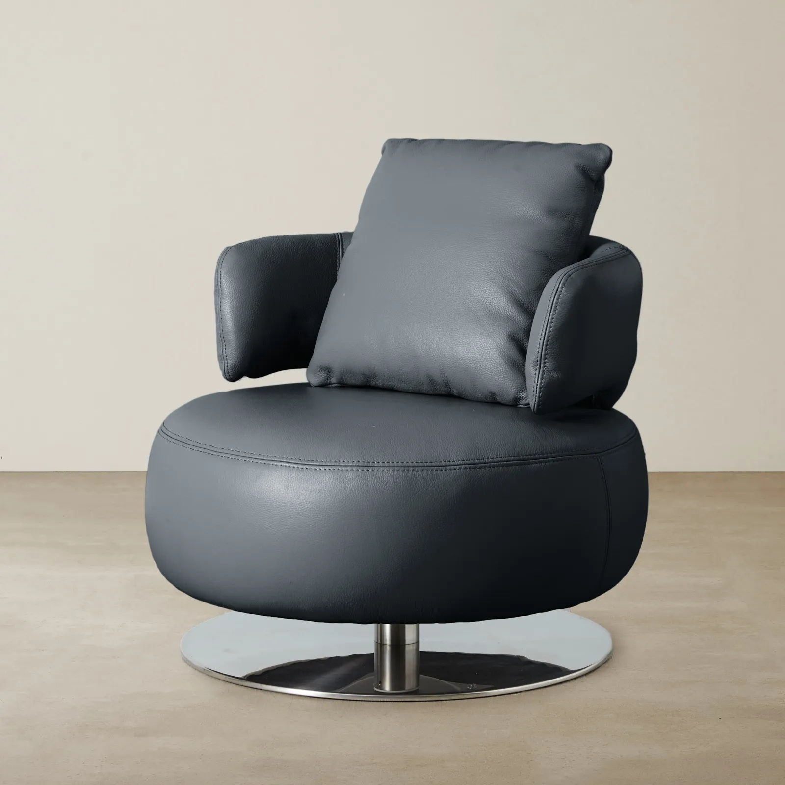 Vermont Night Blue Leather Swivel Chair Silver Stainless Steel