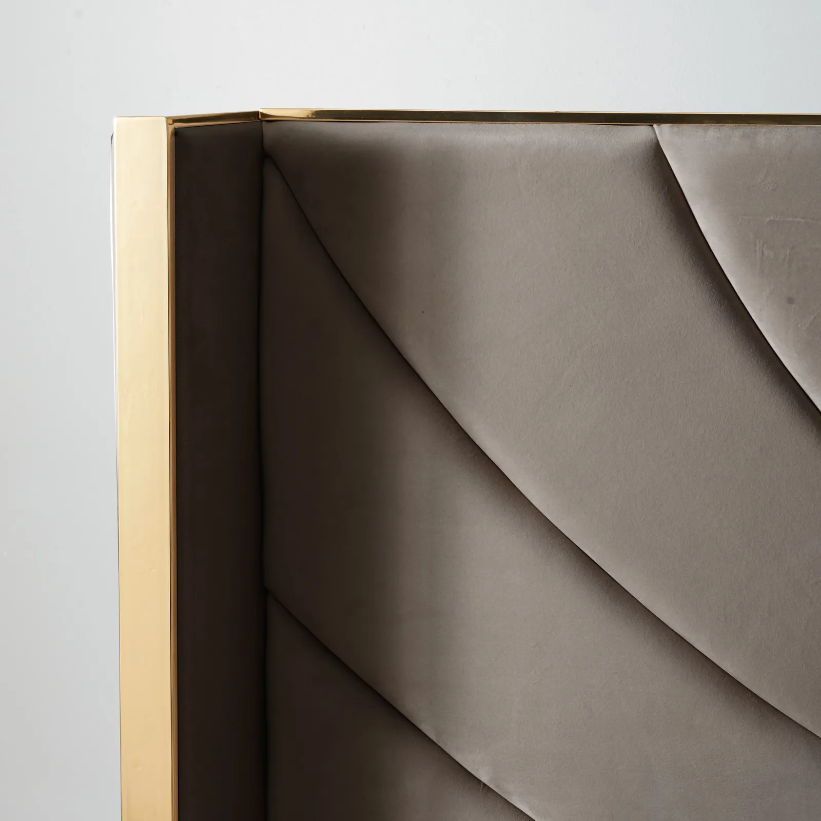 Gertrude Mushroom Velvet Queen Bed - Brushed Champagne Gold Stainless ...