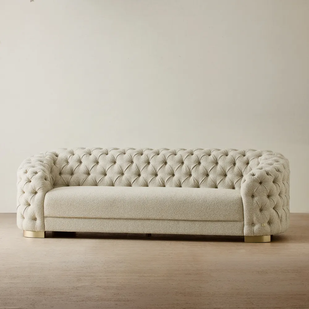 Kelly Pearl Beige Fabric 3-Seater Sofa - Champagne Gold Legs